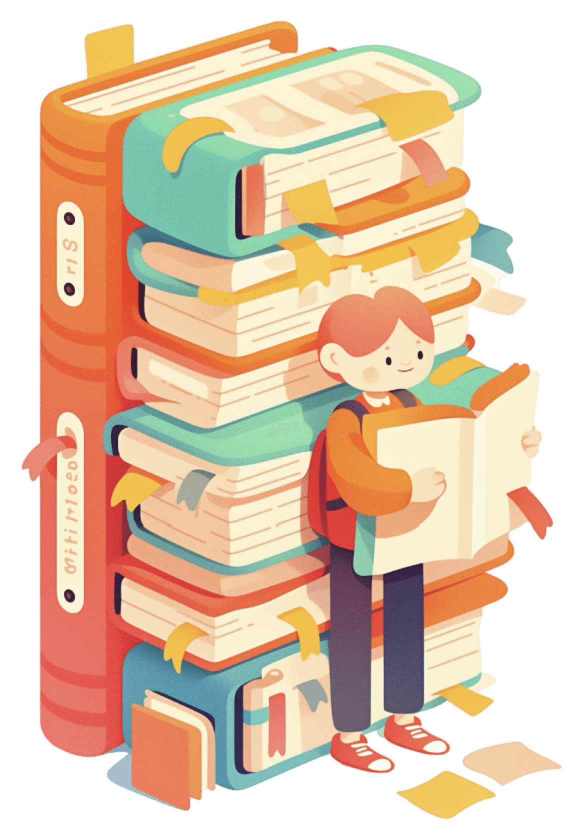 Illustration of a student reading beside a stack of colorful books