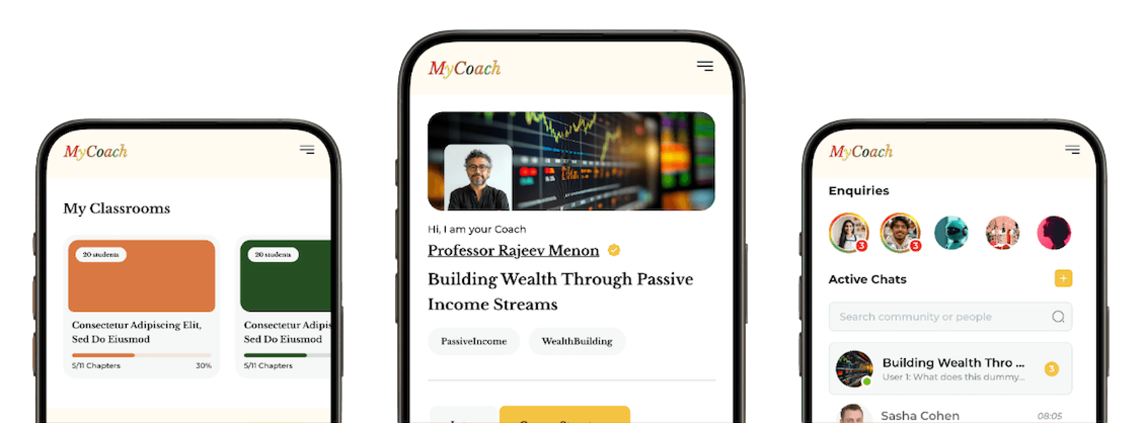 MyCoach-ee mobile app showing classrooms, a course, and chats